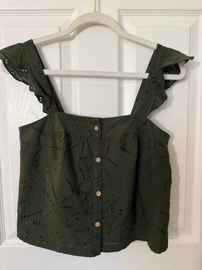 LAUREN CONRAD Women’s XS Olive Eyelet Button-Front Tank Top w/Inner Liner, NWT